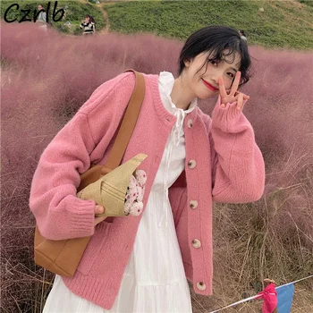 Кардиганы, Женские Розовые Романтические Милые Вязаные свитера в корейском стиле, Повседневные винтажные свитера с длинным рукавом, Уличная одежда, Шикарная женская подростковая
