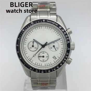Кварцевый многофункциональный измеритель времени BLIGER40mm коммерческие мужские часы из сапфирового стекла с белым циферблатом и стальным ремешком механизм VK63