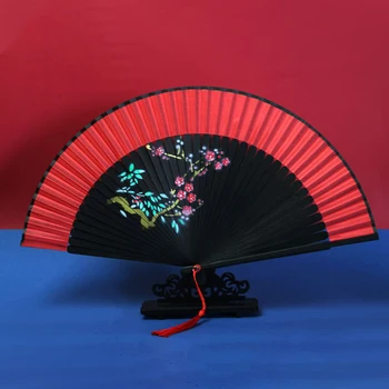 Классический Винтажный Складной Веер Китайский Японский Красный Черный С цветочным принтом Для танцев Ручной работы Бамбуковые Веера Свадебный Подарок Домашний Декор