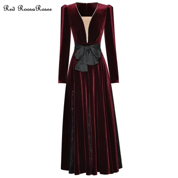 Красное платье Миди RoosaRosee с винтажными Бриллиантами, сетчатое Лоскутное платье с длинным рукавом из черного бархата 2023, весенне-летнее Женское платье Vestidos Robe Femme