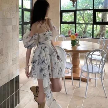 Летнее Шифоновое Пляжное платье с цветочным рисунком, Элегантное Плиссированное вечернее платье, сексуальные мини-платья с открытой спиной для женщин 2023 г.