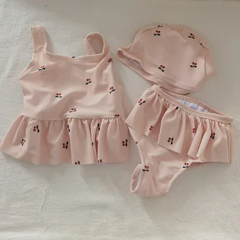 Летний купальный костюм с вишневым принтом для маленьких девочек, комплект из 3 предметов для плавания, комплект для плавания