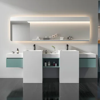 Минималистская вилла с двойной раковиной и Каменной плитой, Встроенный шкаф для ванной комнаты, Комбинированный стол для ванной комнаты в скандинавском стиле