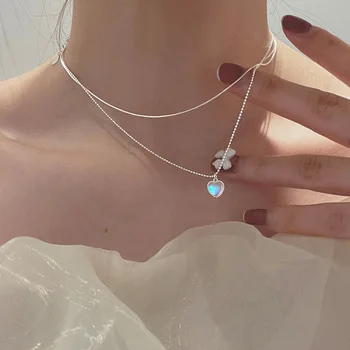Модная двухслойная цепочка из Лунного камня, ожерелья с сердечками и кулонами, колье, эффектное ожерелье Для женщин, ювелирные изделия dz596