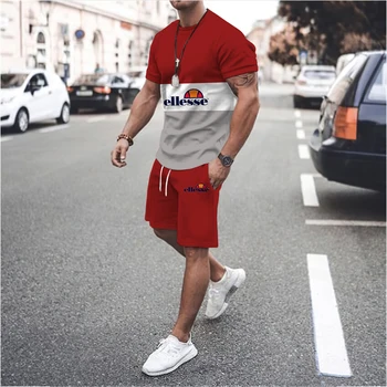 Мужской спортивный костюм, футболка + шорты, комплект из 2 предметов, многоцветный полосатый комплект с 3D-печатью, красно-черный узор, мужская футболка