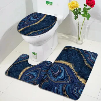 Набор ковриков для ванной из синего мрамора с текстурой Gold Line, современные абстрактные геометрические волны, декор для ванной комнаты, нескользящие коврики, крышка унитаза