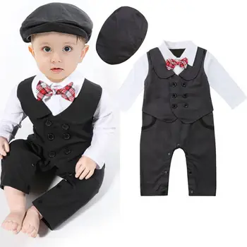 Недавно появившийся на свет Малыш Для мальчика, официальный костюм для вечеринки, Свадебный смокинг, Джентльменский Двубортный комбинезон, комбинезон + шляпы, наряд 0-24 м