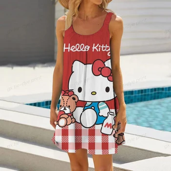 Новые сексуальные платья Hello Kitty, Женское платье на бретельках, Летнее Пляжное мини-платье для вечеринки, свободное платье трапециевидной формы в стиле Бохе, плиссированное платье большого размера