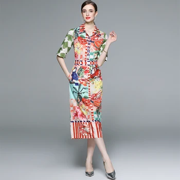Новый модный винтажный узор, комплект из 2 предметов, женская однобортная рубашка с цветочным принтом, топ + Облегающий костюм с юбкой средней длины