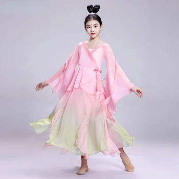Обучение китайским этническим классическим современным танцам Yangko Dance Dress Girls Газовый топ Guzheng Performance Ancient Hanfu Dress