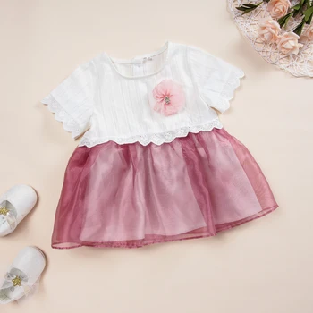 Одежда для новорожденных 0-2 лет, платье для девочки с круглым вырезом, короткий рукав, юбка-трапеция, короткий рукав
