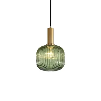 Подвесной светильник со стеклянным шаром в скандинавскую полоску градиентного золотисто-зеленого цвета для обеденного стола, прикроватной люстры в спальне
