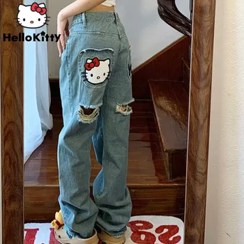 Рваные джинсы с вышивкой Sanrio Hello Kitty для женщин, новинка 2023 года, винтажные длинные брюки Y2k, Уличная мода, свободные брюки в стиле хип-хоп