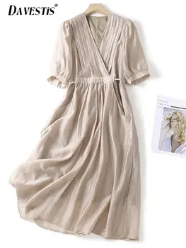 Ретро-однотонное женское платье 2023, Летние Свободные дышащие платья с V-образным вырезом и коротким рукавом для женщин, повседневное платье Миди с высокой талией