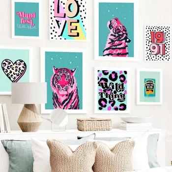 Сердце Тигра и Леопарда, любовь, красочная абстрактная настенная живопись, холст, скандинавский плакат и принты, настенные панно для декора гостиной