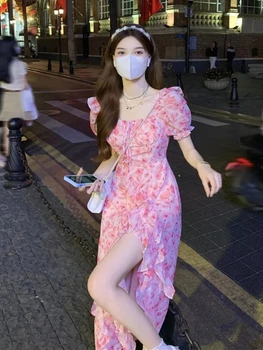 Французское элегантное платье с коротким рукавом, Пляжное Цельное платье с цветочным рисунком, Корейская модная вечеринка 2022, летнее повседневное Винтажное платье Миди, женское платье