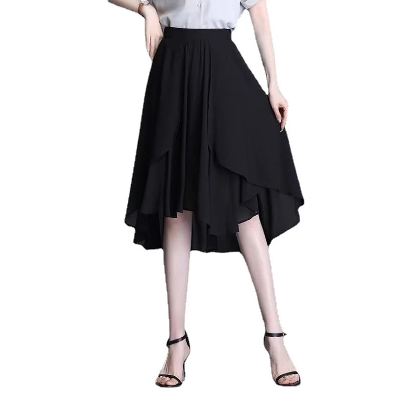 2023, Новая мода, Летняя женская юбка оверсайз 4XL, Черная шифоновая юбка с эластичным поясом, Нерегулярные двухслойные Элегантные женские юбки трапециевидной формы. 0