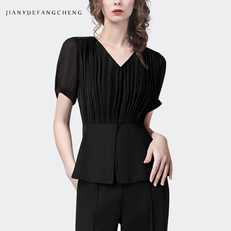 Модные плиссированные Черные шифоновые блузки с коротким рукавом, женские летние топы, Элегантные повседневные рубашки с V-образным вырезом и высокой талией 0