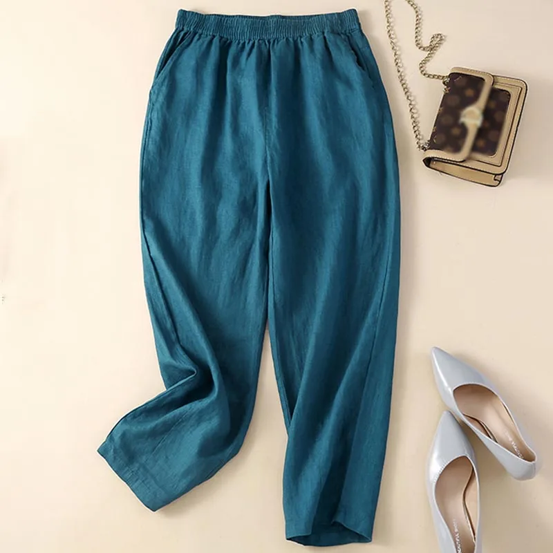Повседневные льняные Зеленые Свободные женские шаровары, летние офисные женские укороченные брюки с эластичной резинкой на талии, винтажные мешковатые панталоны 26895 0