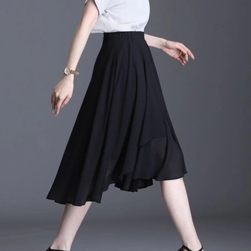 2023, Новая мода, Летняя женская юбка оверсайз 4XL, Черная шифоновая юбка с эластичным поясом, Нерегулярные двухслойные Элегантные женские юбки трапециевидной формы. 1