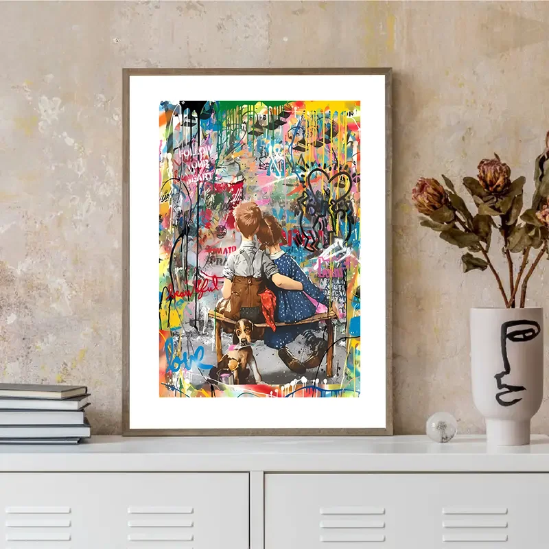 Абстрактные граффити Настенная живопись Мальчик и девочка Украшение стены Холст плакат Эстетическое украшение комнаты красочный плакат 1