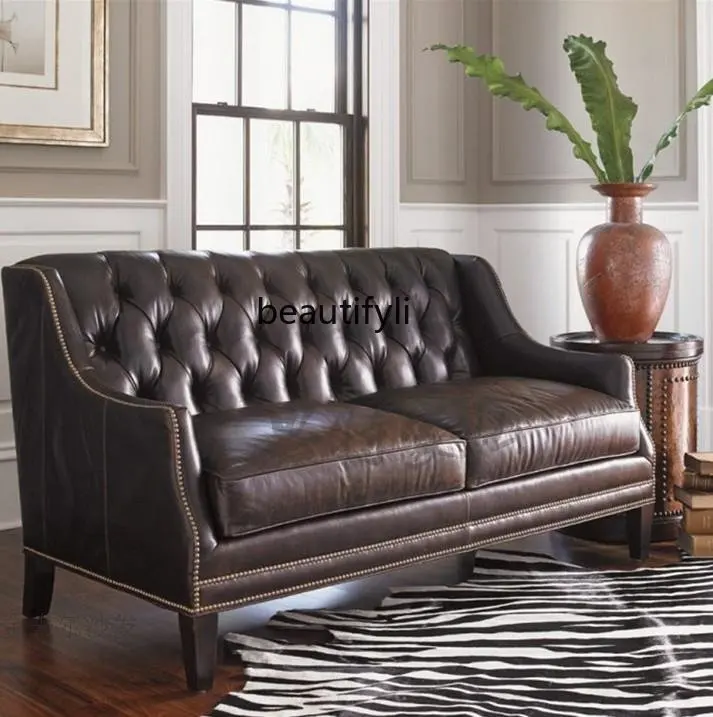 Американский винтажный высококлассный кожаный диван для гостиной отеля, Офисный трехместный диван 1