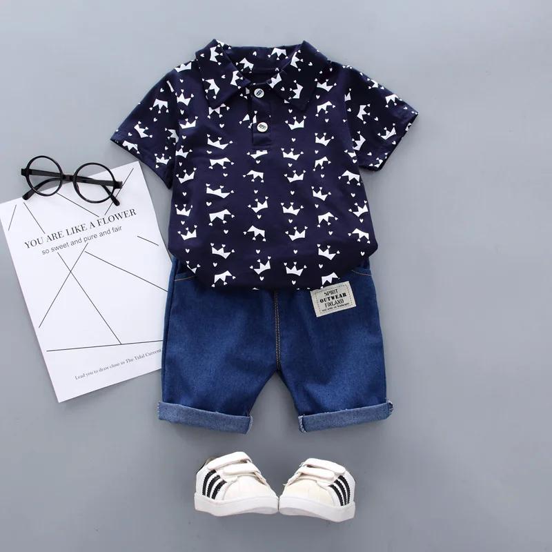 Детская одежда, Летняя Новая одежда для малышей, Детская футболка В корейском стиле с изображением Короны, Комплекты из 2 предметов для мальчиков с короткими рукавами 1
