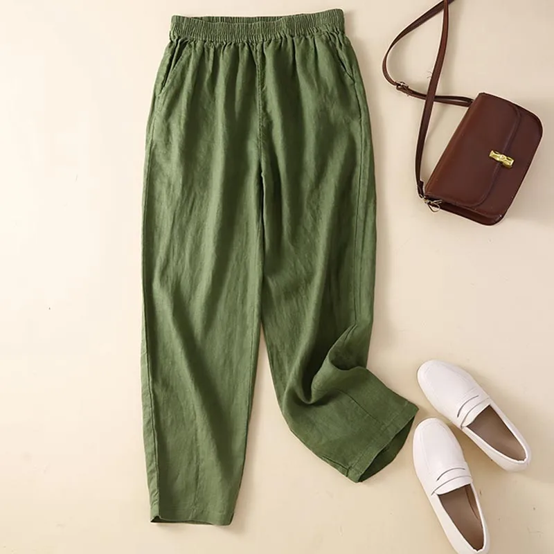 Повседневные льняные Зеленые Свободные женские шаровары, летние офисные женские укороченные брюки с эластичной резинкой на талии, винтажные мешковатые панталоны 26895 1