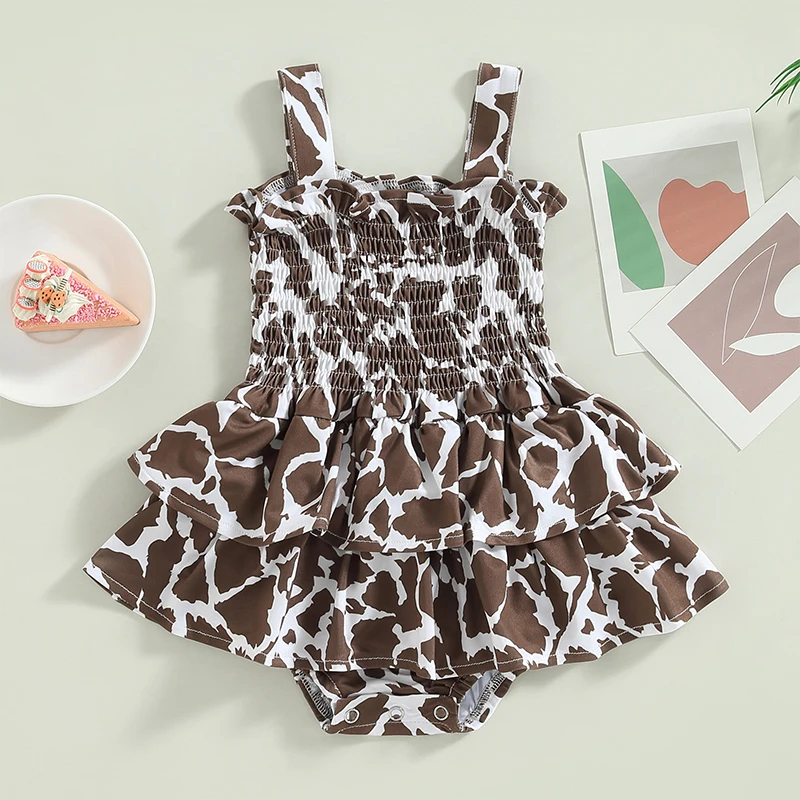2023-02-15 Lioraitiin Плиссированное платье-комбинезон для новорожденных девочек 0-18 м, комбинезон без рукавов с принтом коровы/маргаритки 2
