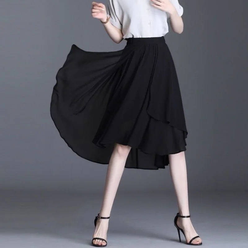 2023, Новая мода, Летняя женская юбка оверсайз 4XL, Черная шифоновая юбка с эластичным поясом, Нерегулярные двухслойные Элегантные женские юбки трапециевидной формы. 2