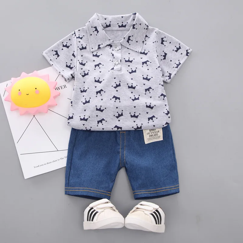 Детская одежда, Летняя Новая одежда для малышей, Детская футболка В корейском стиле с изображением Короны, Комплекты из 2 предметов для мальчиков с короткими рукавами 2