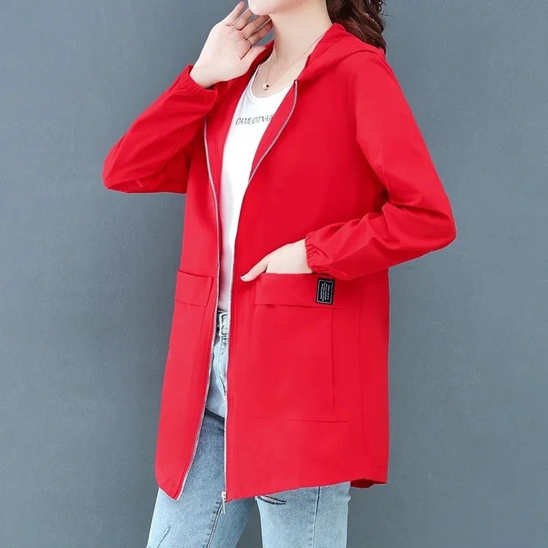 Женская куртка средней длины с капюшоном, ветровка, новое весенне-осеннее базовое пальто, женская одежда, верхняя одежда на молнии, свободная одежда Famale 4XL 2