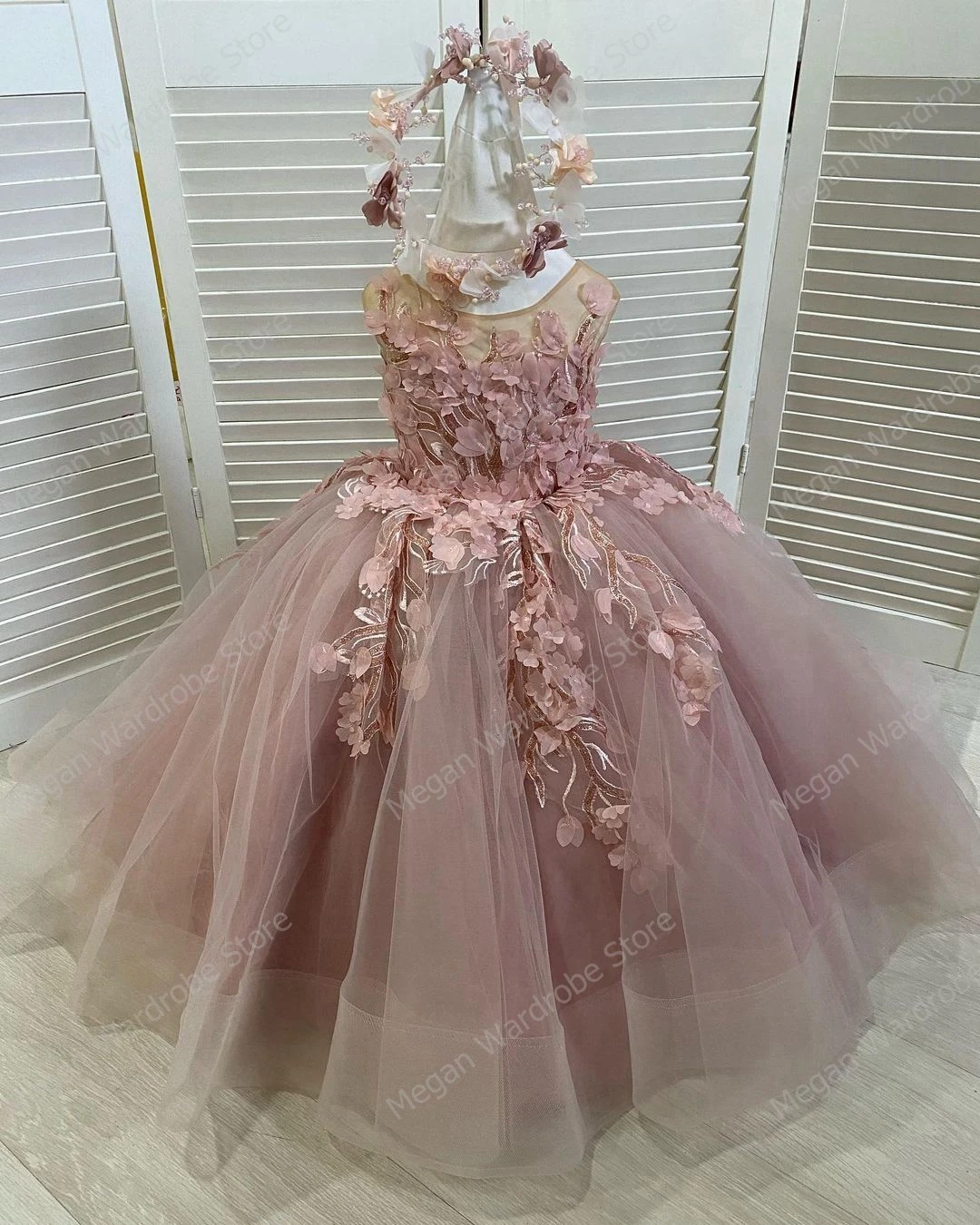 Реальное изображение Детские свадебные платья из розового тюля для девочек, длинное платье принцессы с цветами ручной работы, рождественское платье для маленьких девочек, vestidos 2
