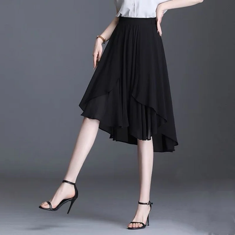 2023, Новая мода, Летняя женская юбка оверсайз 4XL, Черная шифоновая юбка с эластичным поясом, Нерегулярные двухслойные Элегантные женские юбки трапециевидной формы. 3