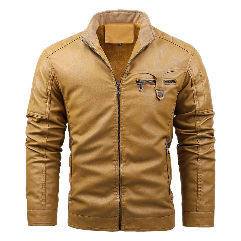 2023 Новая осенне-зимняя кожаная куртка для мужчин, мотоциклетные куртки со стоячим воротником, зимняя теплая флисовая ветровка, пальто, верхняя одежда 3