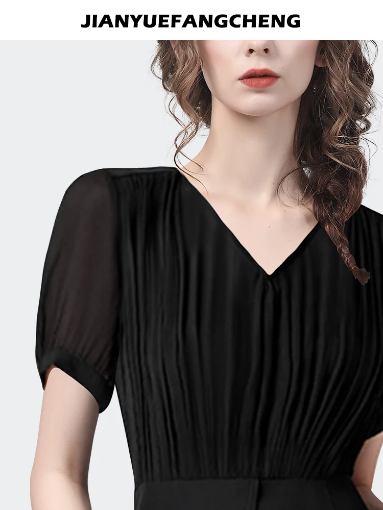 Модные плиссированные Черные шифоновые блузки с коротким рукавом, женские летние топы, Элегантные повседневные рубашки с V-образным вырезом и высокой талией 3