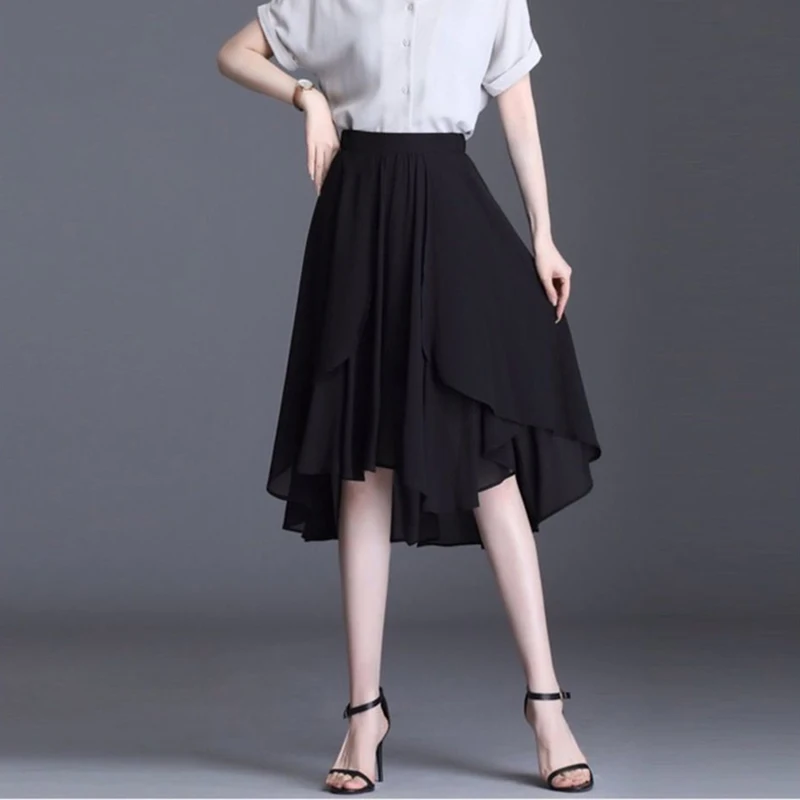 2023, Новая мода, Летняя женская юбка оверсайз 4XL, Черная шифоновая юбка с эластичным поясом, Нерегулярные двухслойные Элегантные женские юбки трапециевидной формы. 4