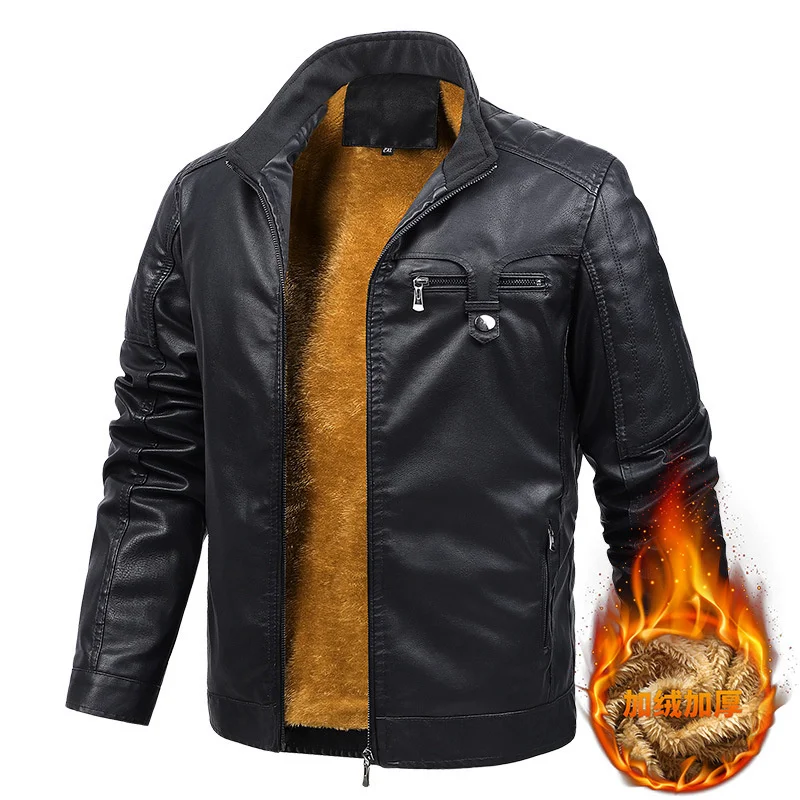 2023 Новая осенне-зимняя кожаная куртка для мужчин, мотоциклетные куртки со стоячим воротником, зимняя теплая флисовая ветровка, пальто, верхняя одежда 4