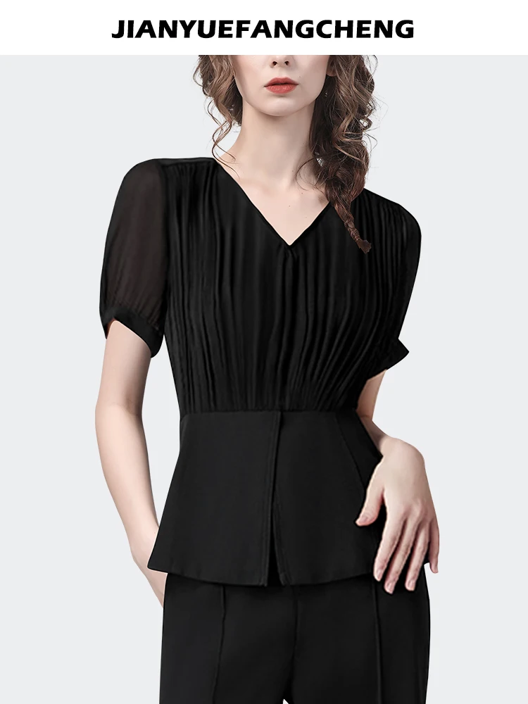 Модные плиссированные Черные шифоновые блузки с коротким рукавом, женские летние топы, Элегантные повседневные рубашки с V-образным вырезом и высокой талией 4