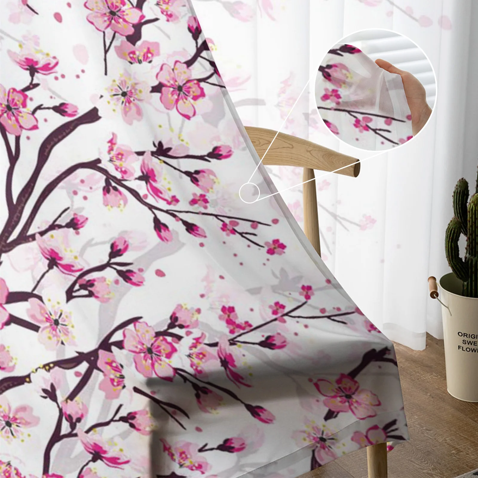 Японская вишня, ветки сливы, Розово-белый цветок, прозрачные занавески для гостиной, Тюлевые окна, Короткие занавески из вуалевой пряжи. 4