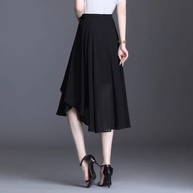 2023, Новая мода, Летняя женская юбка оверсайз 4XL, Черная шифоновая юбка с эластичным поясом, Нерегулярные двухслойные Элегантные женские юбки трапециевидной формы. 5