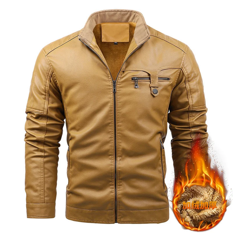 2023 Новая осенне-зимняя кожаная куртка для мужчин, мотоциклетные куртки со стоячим воротником, зимняя теплая флисовая ветровка, пальто, верхняя одежда 5