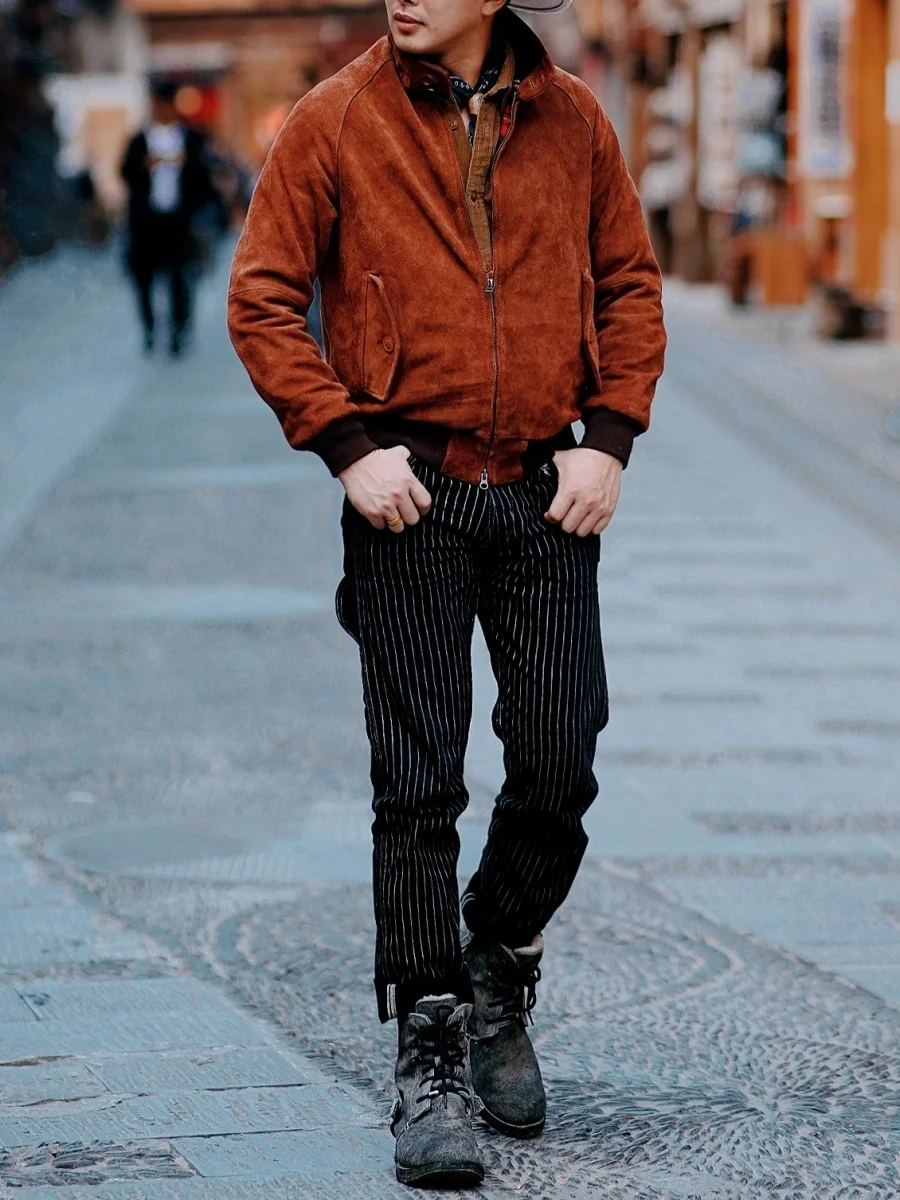 Мужская замшевая куртка G9 с воротником-стойкой из воловьей кожи свободного покроя, классическая винтажная одежда в английском стиле 5