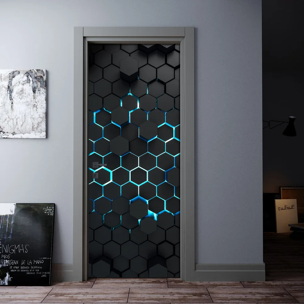 Современный стиль, черные геометрические 3D обои для дверей, наклейка из ПВХ, водонепроницаемый плакат для украшения всей дверной обертки 5